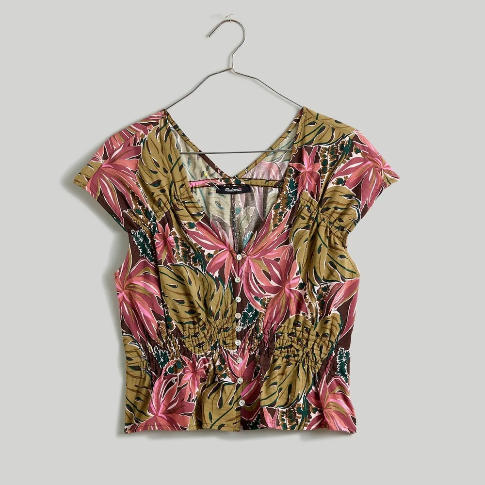 Brand New Madewell Shirred Cap-Sleeve Top in Brushstroke Monstera
